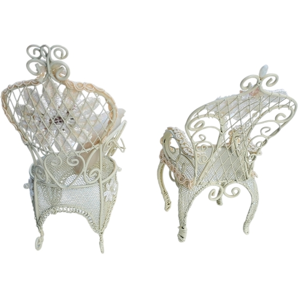 Dollhouse 2 Piece Chairs White Wire Wicker 8 ½ Inches Tall - Picture 3 of 7